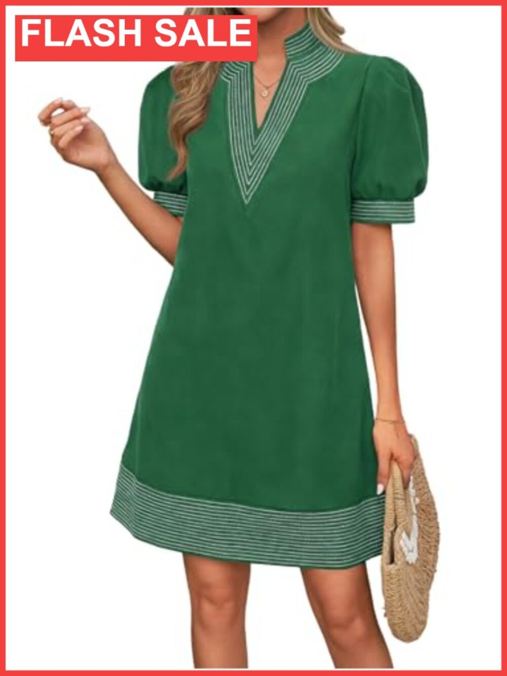 Women's V-Neck Puff Sleeve Boho Mini Shift Dress Casual Summer